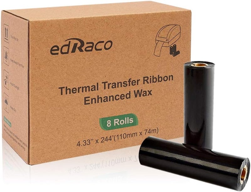 Edraco Desktop Thermal Transfer Ribbons -Enhanced Wax, 8 Rolls, 4.33" x 244'/110mm x 74m for Zebra Desktop Printer - Image 1